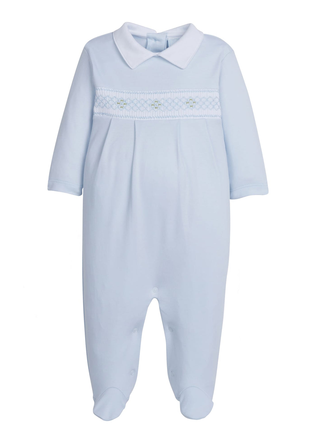 little english baby boy smocked footie with blue geo design and white polo collar