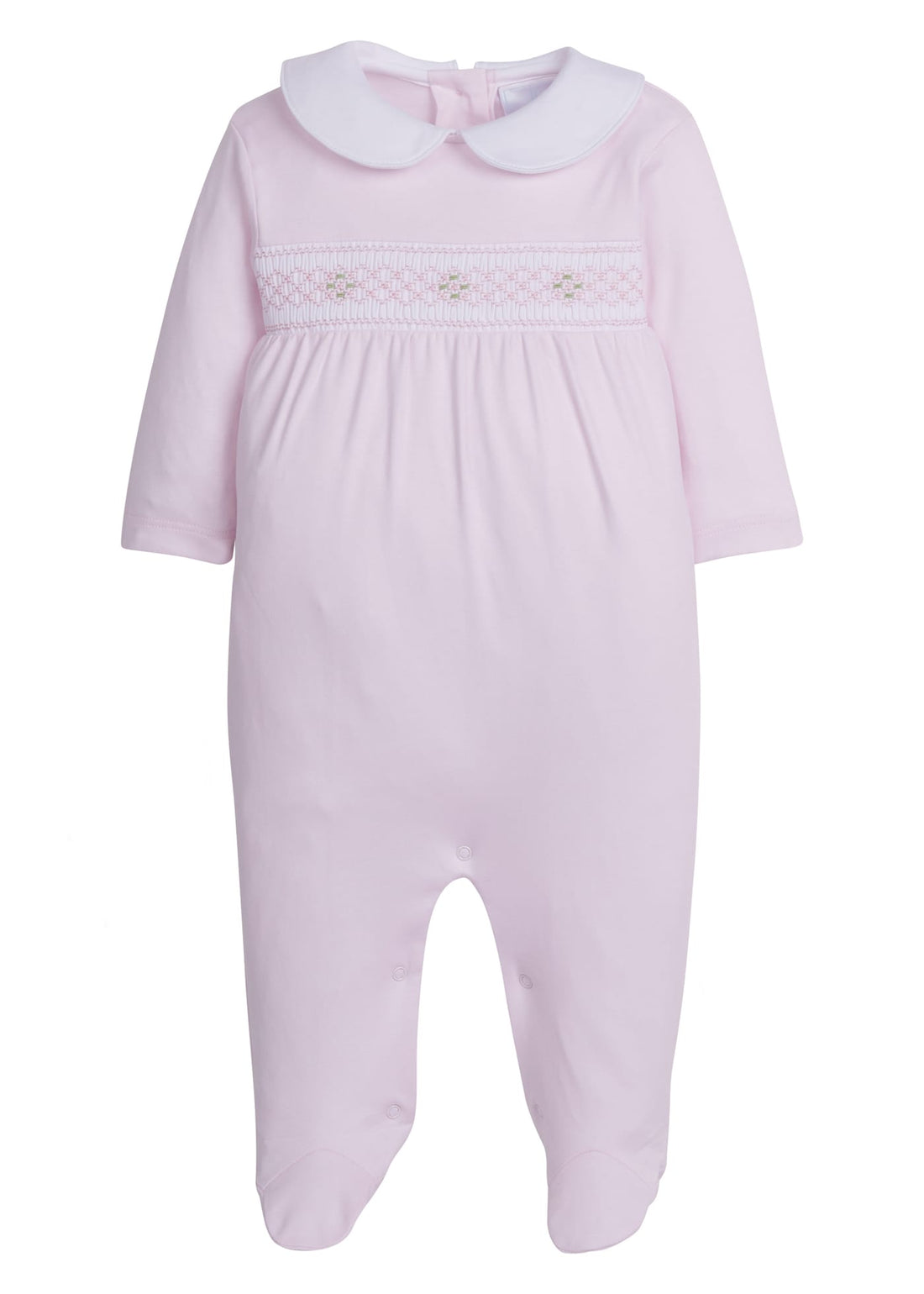 little english baby girl smocked footie with pink geo design and white peter pan collar