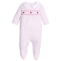 little english classic children's clothing baby girls light pink footie with smocked chest with red heart embroidery 