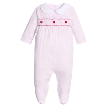 little english classic children's clothing baby girls light pink footie with smocked chest with red heart embroidery 