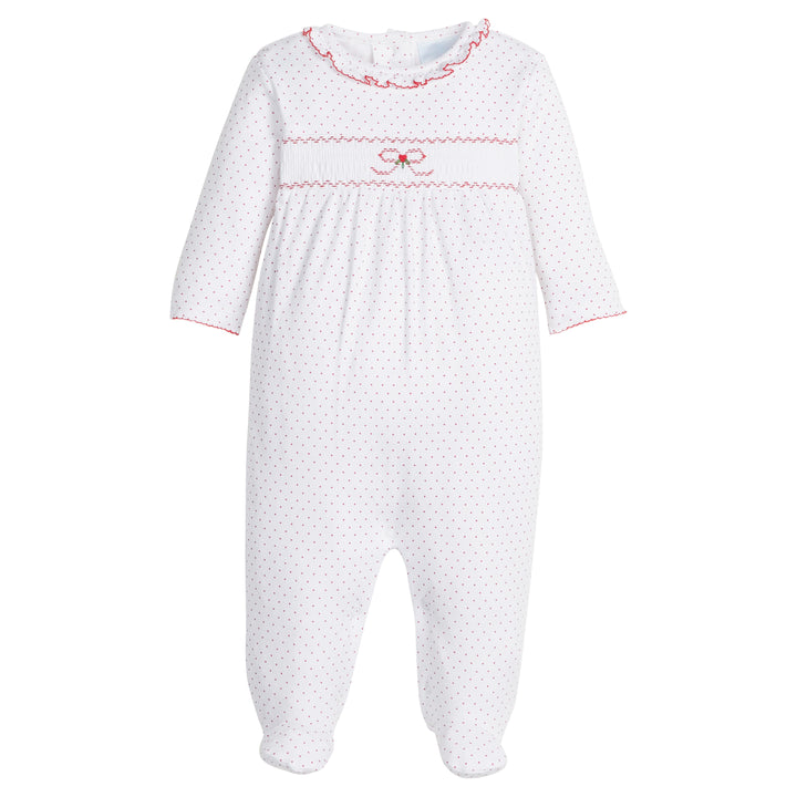 little english classic children's clothing baby girls white smocked footie with red micro dot all over print and ruffle neck for holiday 