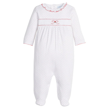 little english classic children's clothing baby girls white smocked footie with red micro dot all over print and ruffle neck for holiday 