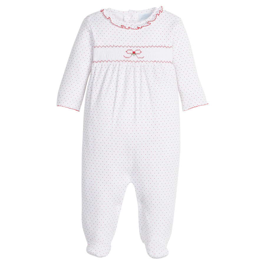 little english classic children's clothing baby girls white smocked footie with red micro dot all over print and ruffle neck for holiday 