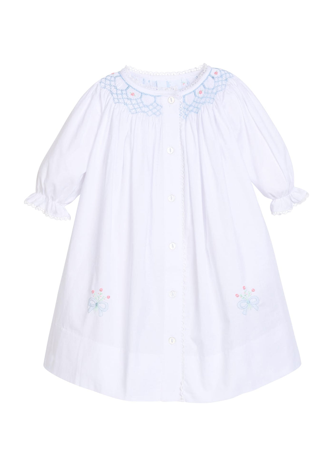 Little English traditional newborn gown for baby girl, hand smocked with blue floral embroidery
