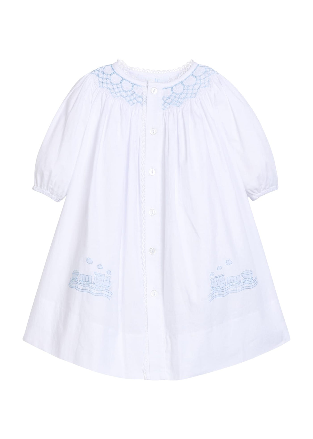 Little English traditional newborn gown for boy, hand smocked with train embroidery
