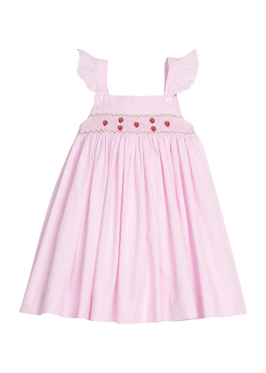 Strawberries Smocked Lizzy D Dress - Pink Seersucker Gingham