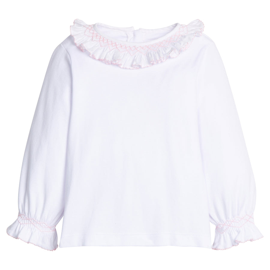 Little English classic knit blouse for little girls. White blouse with ruffled sleeves collar with light pink smocking for Fall