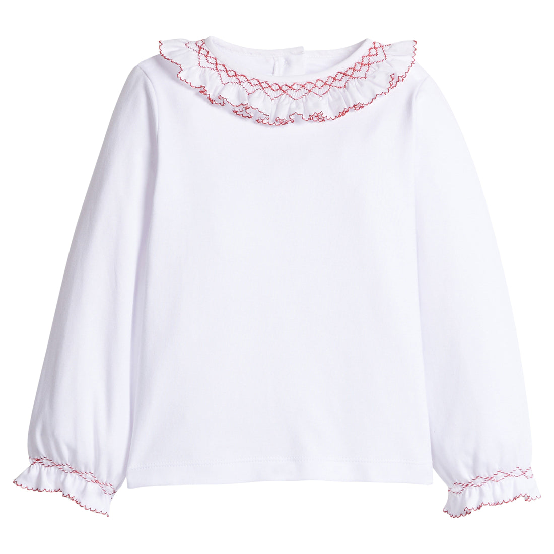 Little English classic knit blouse for little girls. White blouse with ruffled sleeves collar with red smocking for Fall