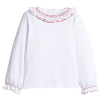 Little English classic knit blouse for little girls. White blouse with ruffled sleeves collar with red smocking for Fall