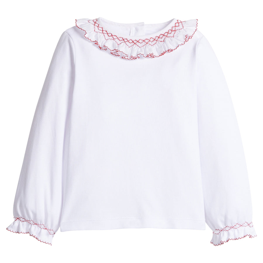 Little English classic knit blouse for little girls. White blouse with ruffled sleeves collar with red smocking for Fall