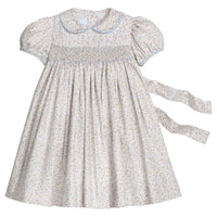 little english classic children's clothing girls light blue, cream, light tan floral cap sleeve dress with peter pan collar, chest smocking, and embroidery for fall 