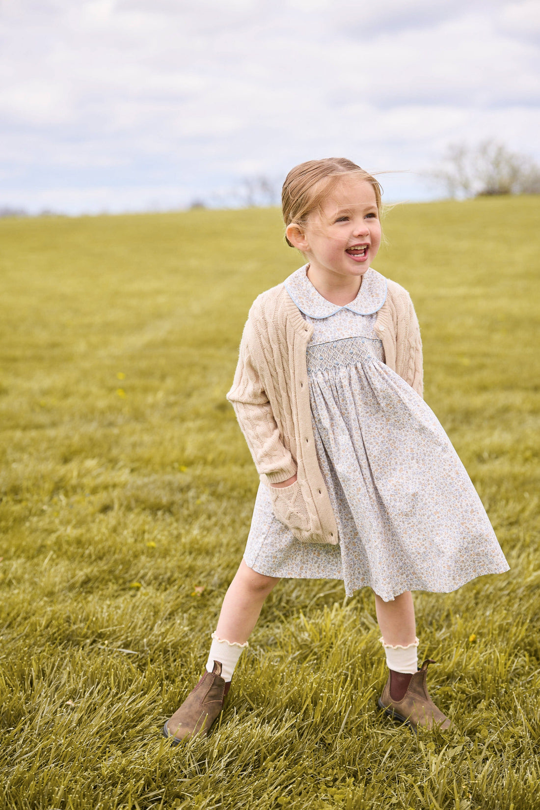 Little english classic childrens clothing, Peter pan dress in winthrop floral print with smocking on chest, cashmere blend sweater in oatmeal, outfits for fall
