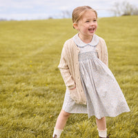 Little english classic childrens clothing, Peter pan dress in winthrop floral print with smocking on chest, cashmere blend sweater in oatmeal, outfits for fall