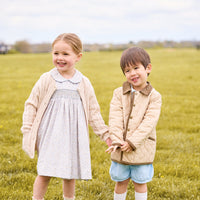 Little english classic childrens clothing, short set for boys in light blue and brown winthrop plaid with light blue corduroy shorts, Classic quilted jacket in khaki, Peter pan dress in winthrop floral print with smocking on chest, cashmere blend sweater in oatmeal, coordinating sibling outfits for fall 