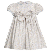 little english classic children's clothing girls light blue, cream, light tan floral cap sleeve dress with bow in back for fall 