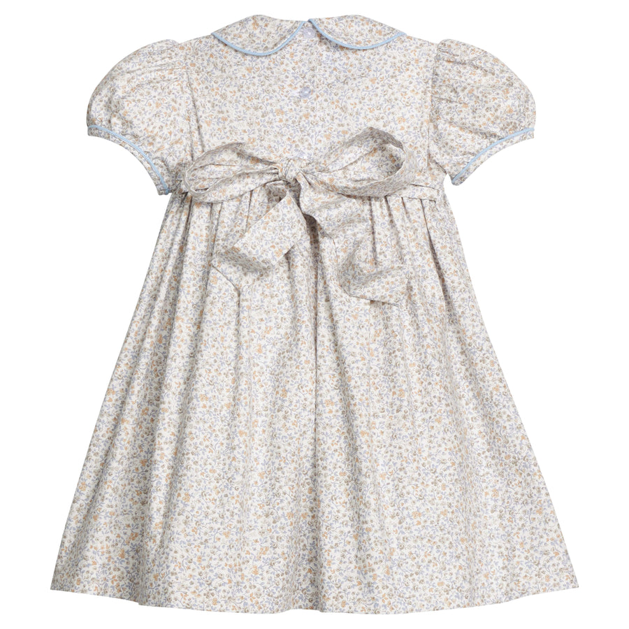 little english classic children's clothing girls light blue, cream, light tan floral cap sleeve dress with bow in back for fall 