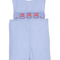 Little English traditional children's clothing.  Classic john john for toddler boys in royal blue mini gingham with American flag smocking at the chest