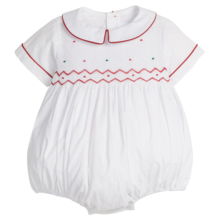 little english classic children's clothing baby boys white bubble with peter pan collar, chest smocking, red and green embroidery for holiday 