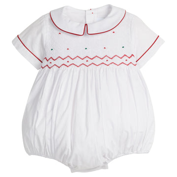 little english classic children's clothing baby boys white bubble with peter pan collar, chest smocking, red and green embroidery for holiday 