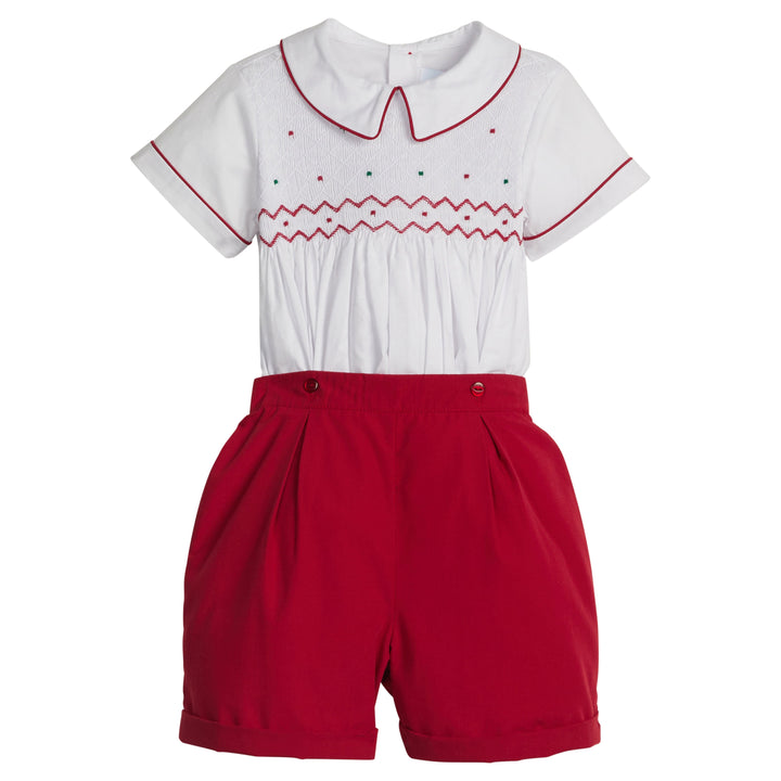 little english classic children's clothing boys white top with peter pan collar, chest smocking, red and green embroidery with red shorts for holiday 