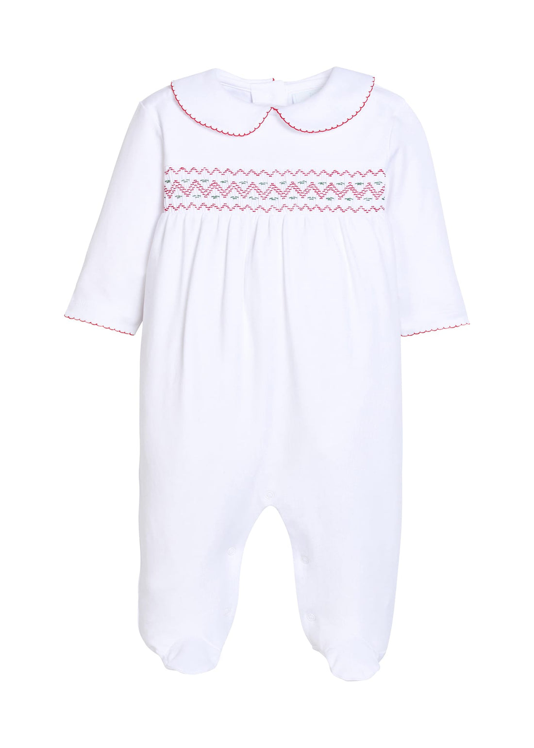 Little English traditional clothing, hand peter pan collar footie for christmas with red and green smocking