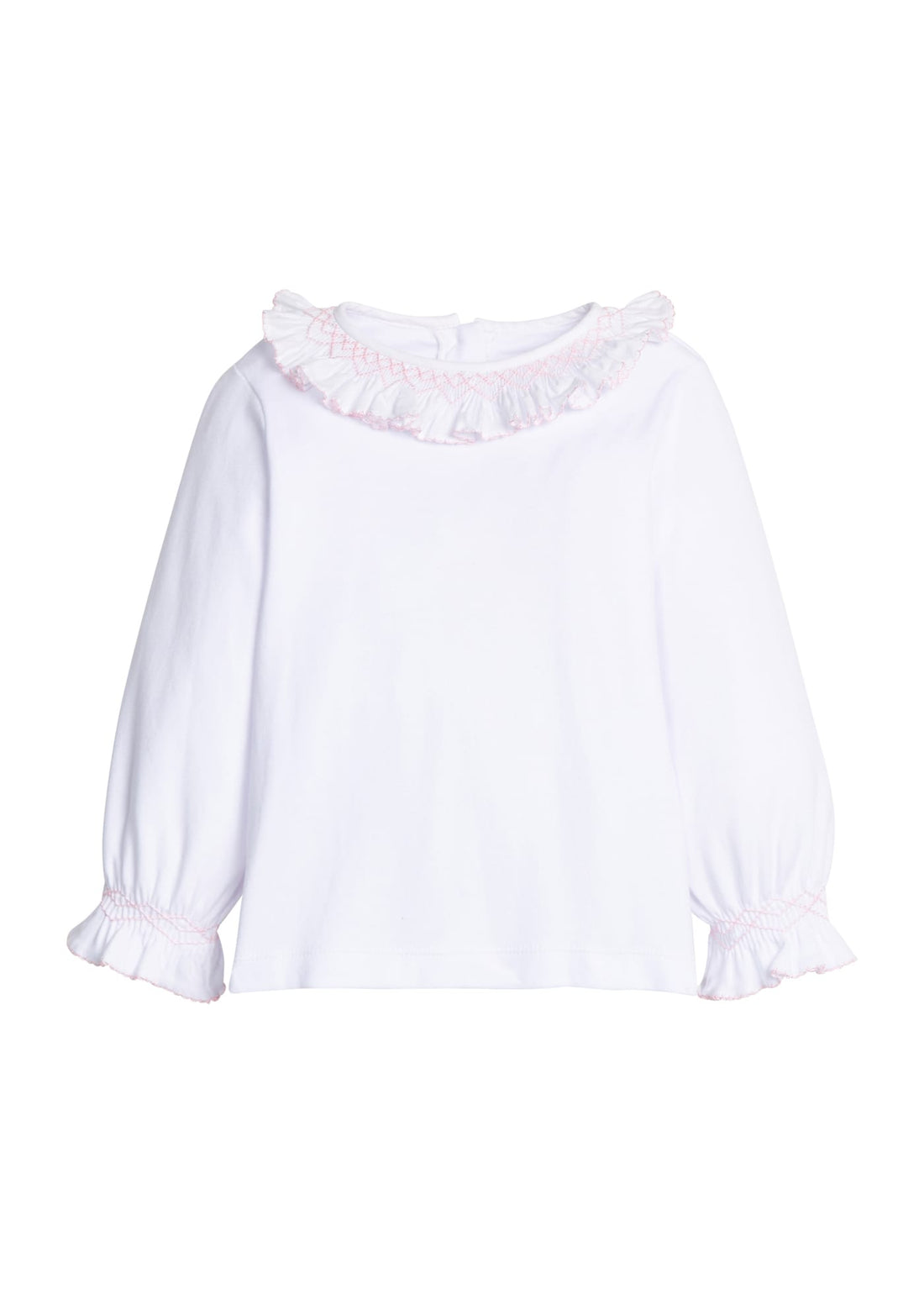 Little English classic knit blouse for little girls. White blouse with ruffled sleeves collar with light pink smocking for Fall