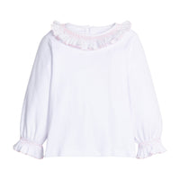 Little English classic knit blouse for little girls. White blouse with ruffled sleeves collar with light pink smocking for Fall