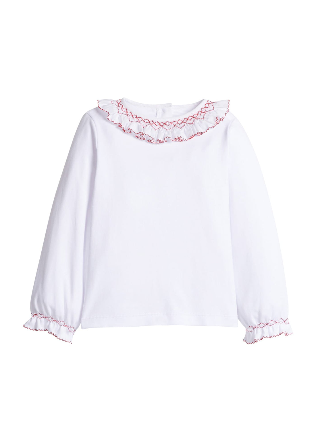 Little English classic knit blouse for little girls. White blouse with ruffled sleeves collar with red smocking for Fall