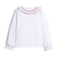 Little English classic knit blouse for little girls. White blouse with ruffled sleeves collar with red smocking for Fall