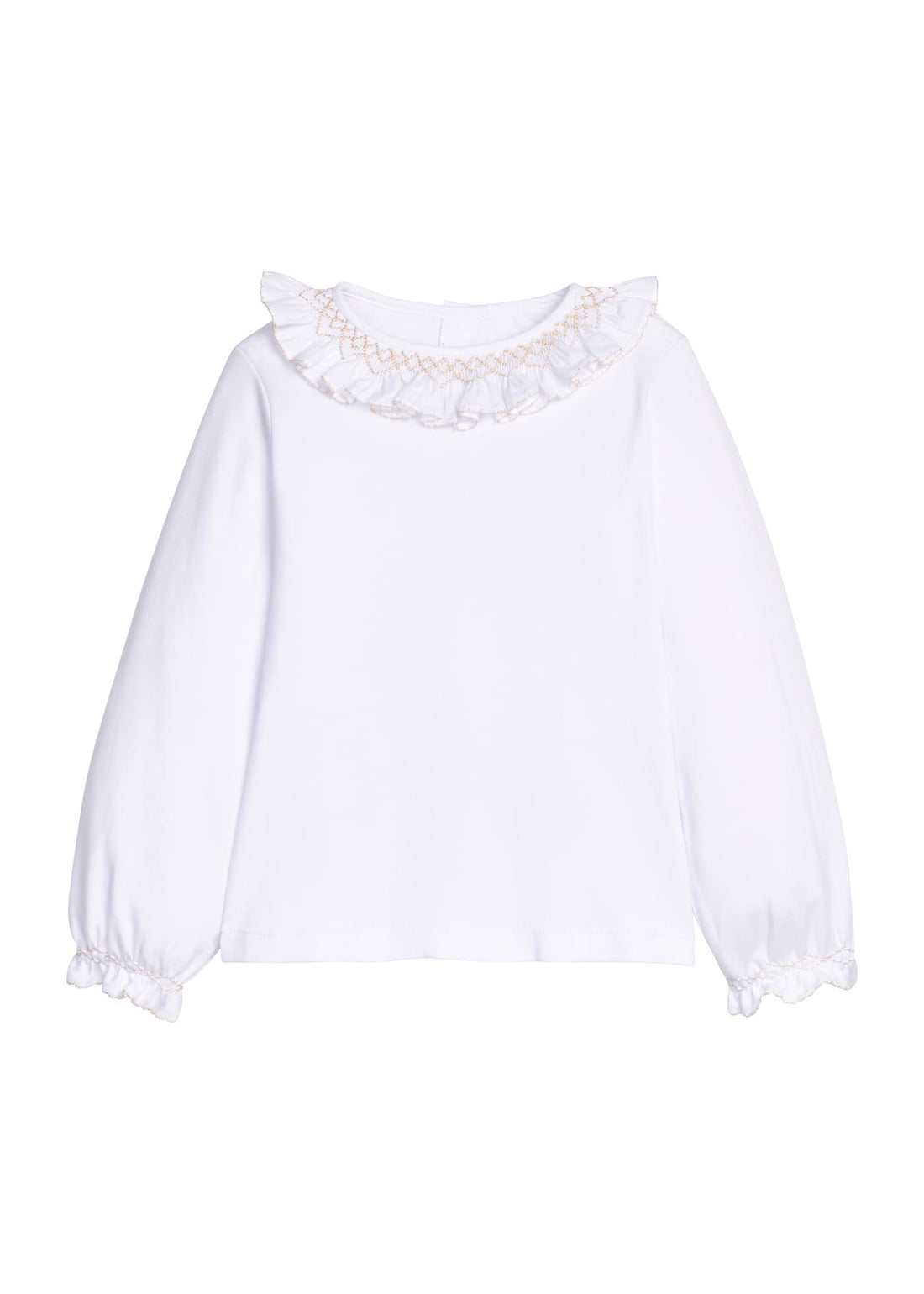 Little English classic knit blouse for little girls. White blouse with ruffled sleeves collar with ivory smocking for Fall