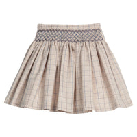 Little English traditional children's clothing. khaki and brown plaid skirt with  blue smocked waistband for girls