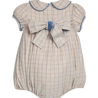 Little English classic children's clothing.  Smocked peter pan bubble in tan and blue Durham windowpane with puff sleeves and blue piping for baby girls