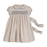 Little English traditional children's clothing.  Smocked peter pan dress in tan and blue Durham Windowpane with capped sleeves for toddler girls