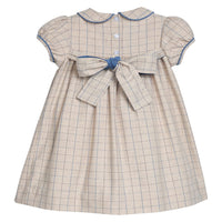 Little English traditional children's clothing.  Smocked peter pan dress in tan and blue Durham Windowpane with capped sleeves for toddler girls