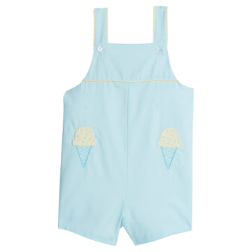 Little English traditional children's clothing, boy's classic aqua blue shortall for Spring with blue and yellow ice cream cone applique