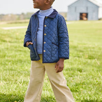 Little English children's classic quilted jacket in navy with brass buttons and corduroy details