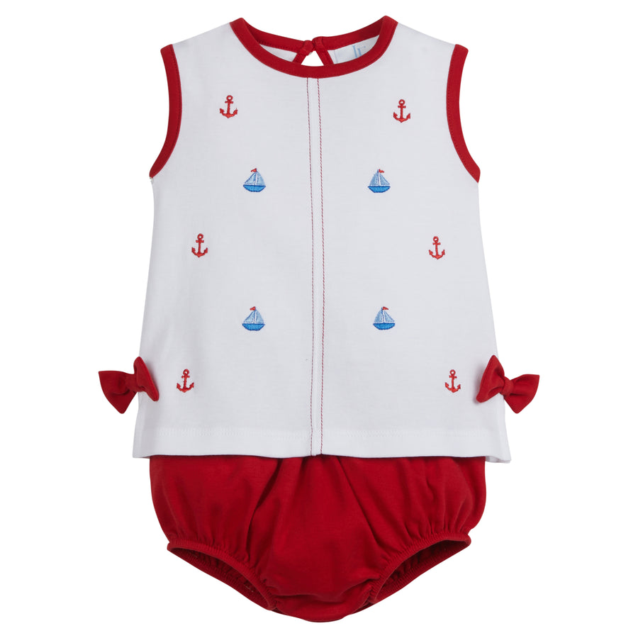 Little English traditional children's clothing, baby girl's sleeveless white and red knit diaper set for Summer, with embroidered sailboats and anchors and red bow detail  on top, red diaper cover