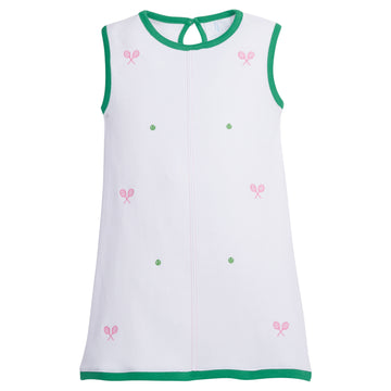 Little English traditional children's clothing, girl's casual white knit dress for Spring with green trim around the edges and pink and green tennis embroidery