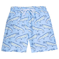 Little English traditional children's clothing. Blue swim trunks with alligator print for little boys for summer