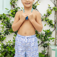 Little English traditional children's clothing. Blue swim trunks with alligator print for little boys for summer