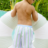 Little English traditional children's clothing. Blue, pink, and green striped swim trunks for little boys for summer