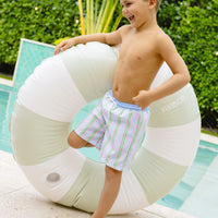 Little English traditional children's clothing. Blue, pink, and green striped swim trunks for little boys for summer