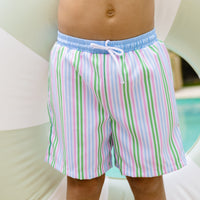 Little English traditional children's clothing. Blue, pink, and green striped swim trunks for little boys for summer