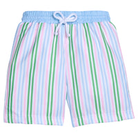 Little English traditional children's clothing. Blue, pink, and green striped swim trunks for little boys for summer