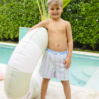 Little English traditional children's clothing. Blue, pink, and green striped swim trunks for little boys for summer