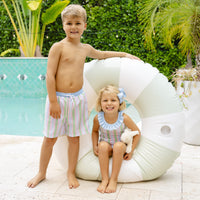 Little English traditional children's clothing. Blue, pink, and green striped swim trunks for little boys for summer