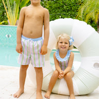 Little English traditional children's clothing. Blue, pink, and green striped swim trunks for little boys for summer
