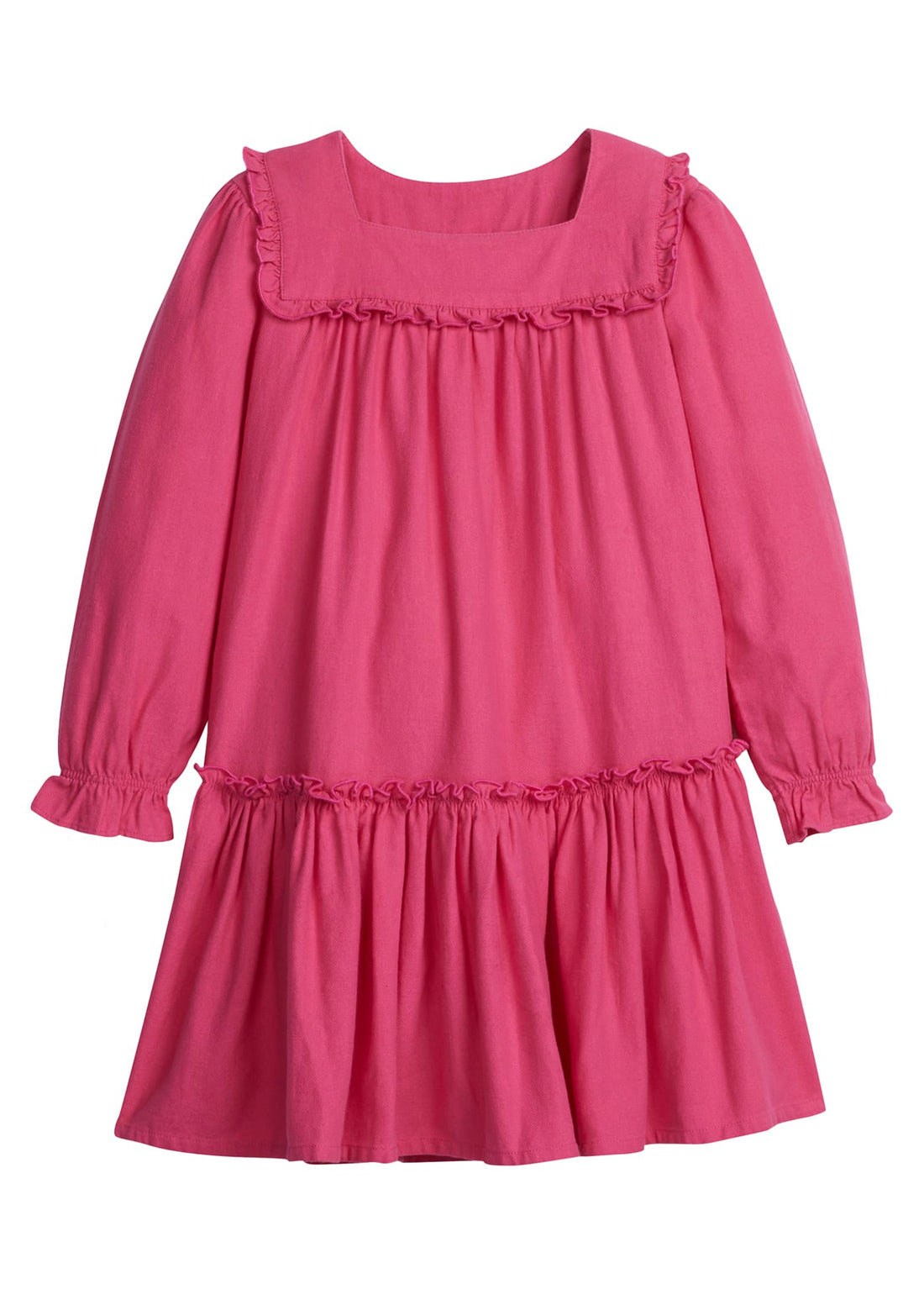 Little English classic childrens clothing tween girls bright pink long sleeve dress with ruffle detail on skirt and neckline