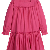 Little English classic childrens clothing tween girls bright pink long sleeve dress with ruffle detail on skirt and neckline