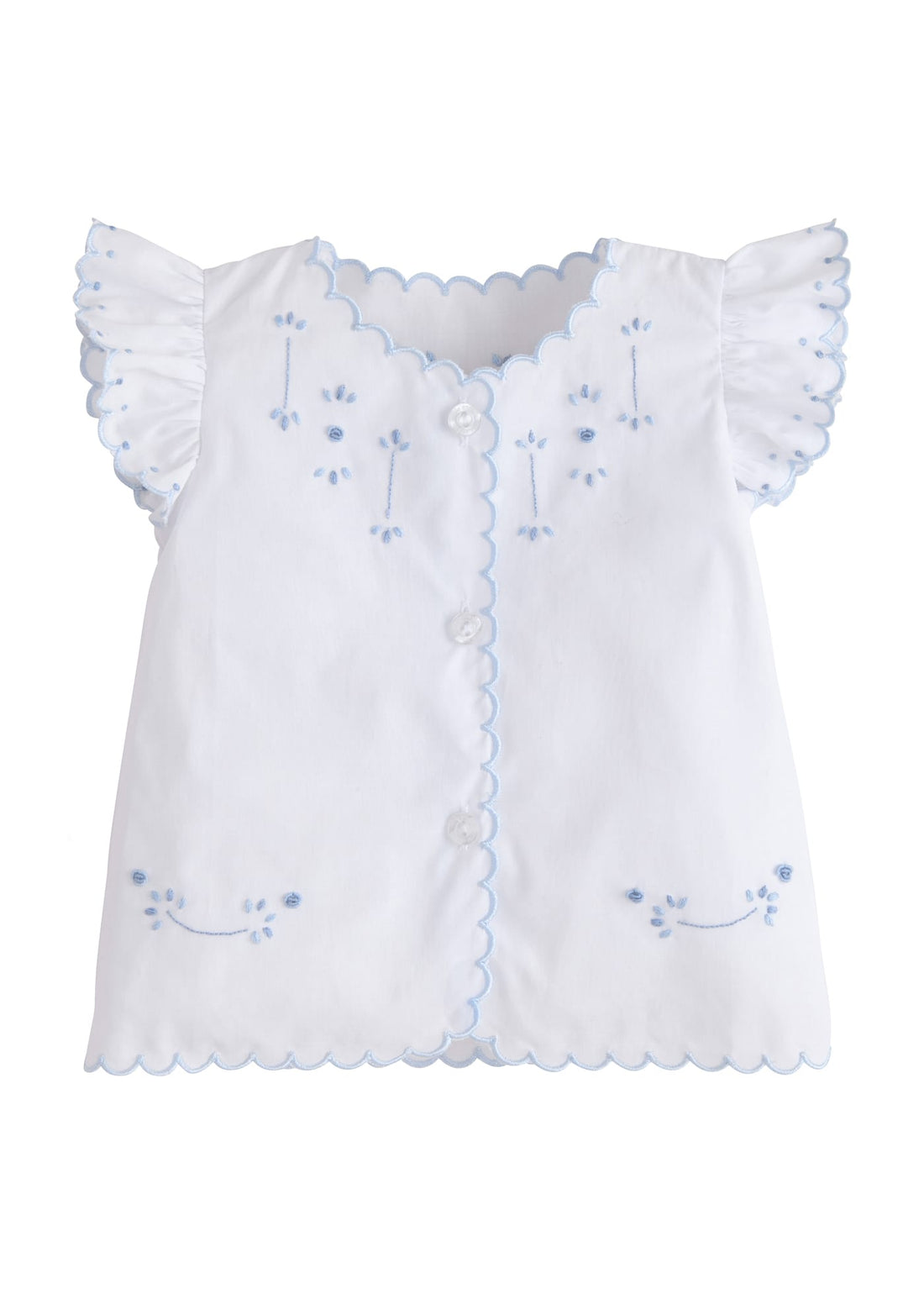 Little English traditional kids clothing.  Classic white tea blouse with scallop edges, flutter sleeves, and light blue embroidery for baby girls